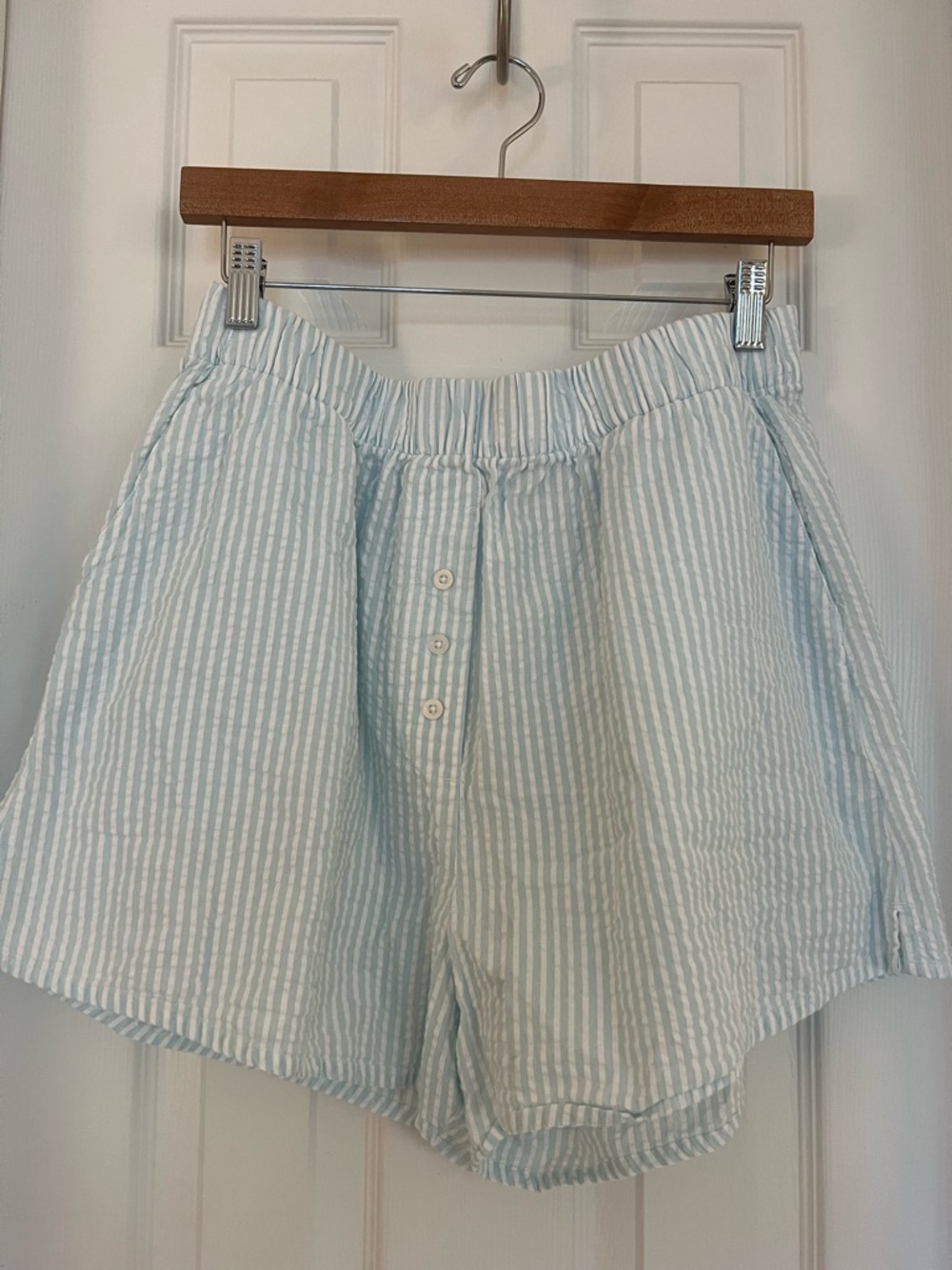 Daily Drills Light Blue & White Striped Seersucker Athletic Shorts